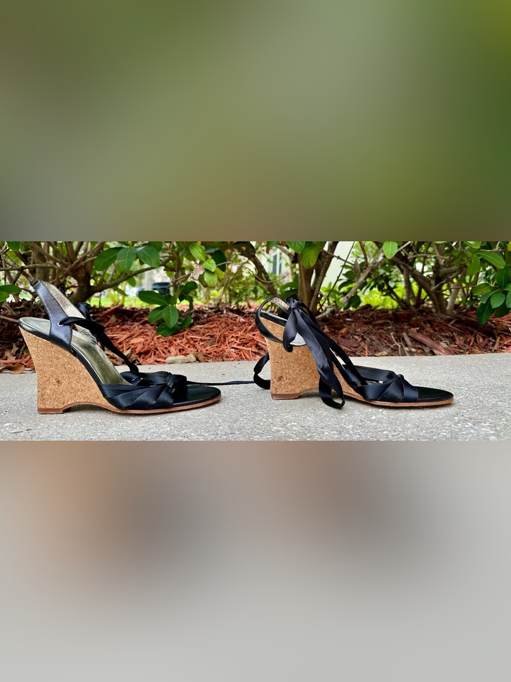 Vintage Martinez Valero Black Satin Ribbon Cork Wedge Sandals Women's 10